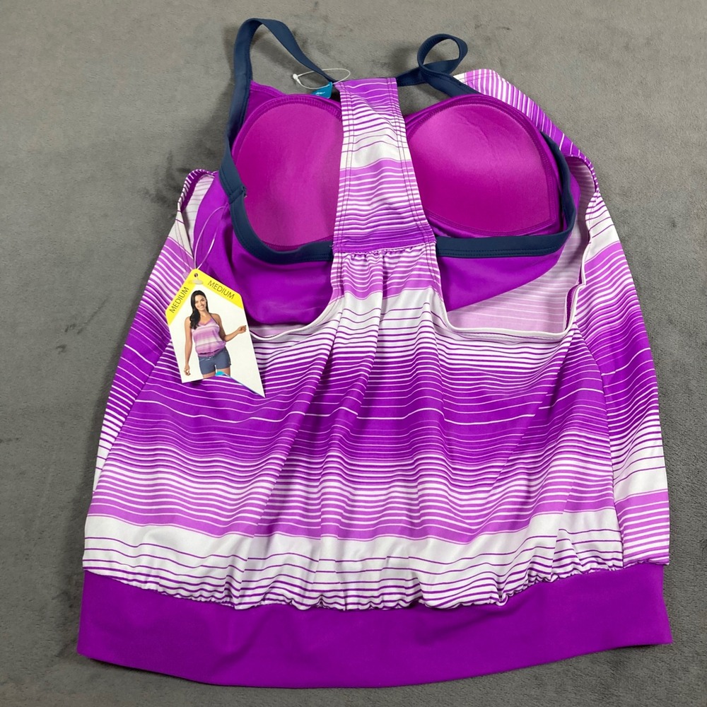 Free Country Womens Purple Striped Tankini Swim Top Molded Cups Medium 8/10 NWT